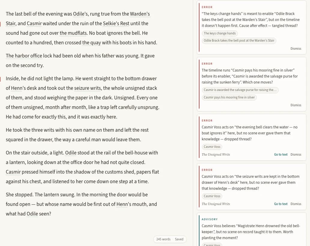 A manuscript with inline margin flags beside a Loom Check panel of findings