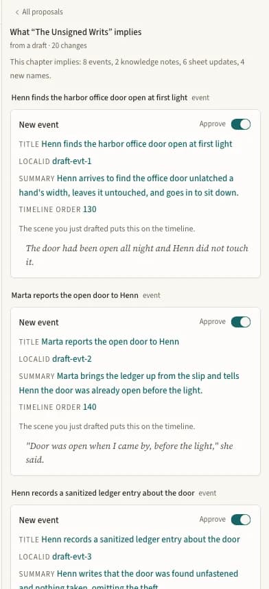 A canon-update proposal panel: new events with approve toggles, each quoting the drafted line it came from