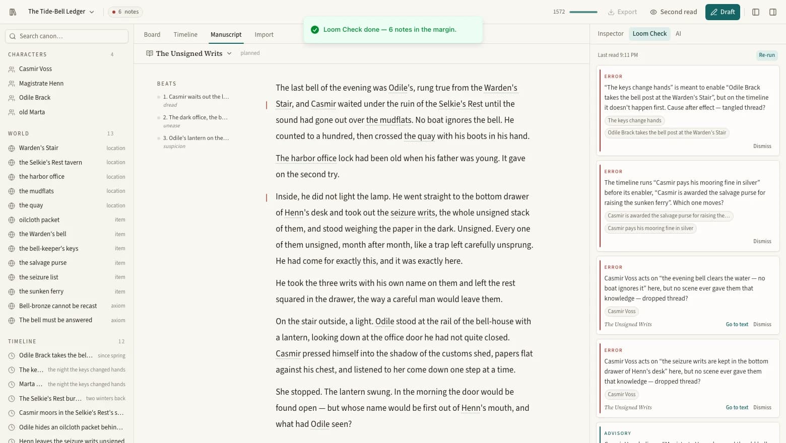 The PlotLoom workspace: canon rail, manuscript with margin flags, and a Loom Check panel full of margin notes