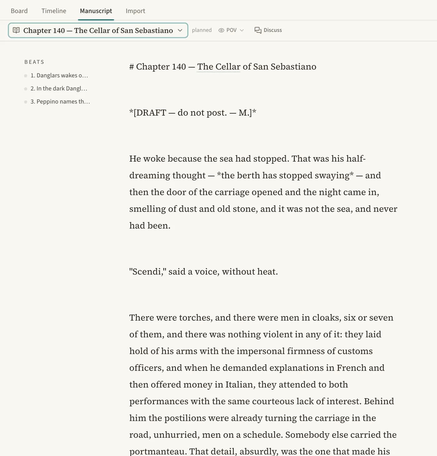 The manuscript editor on a planned Chapter 140 draft: serif prose in a warm paper column, the chapter's three planned beats pinned in the left rail.