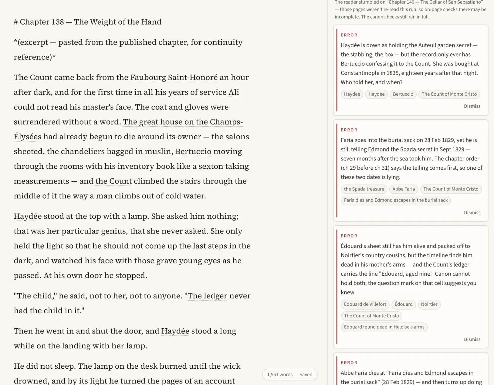 Close crop of the PlotLoom workspace: the serif manuscript page of Chapter 138 beside the Loom Check panel, whose margin notes flag real continuity errors — Haydée holding a secret no scene gave her, Faria's burial-sack date contradicting the Spada telling.
