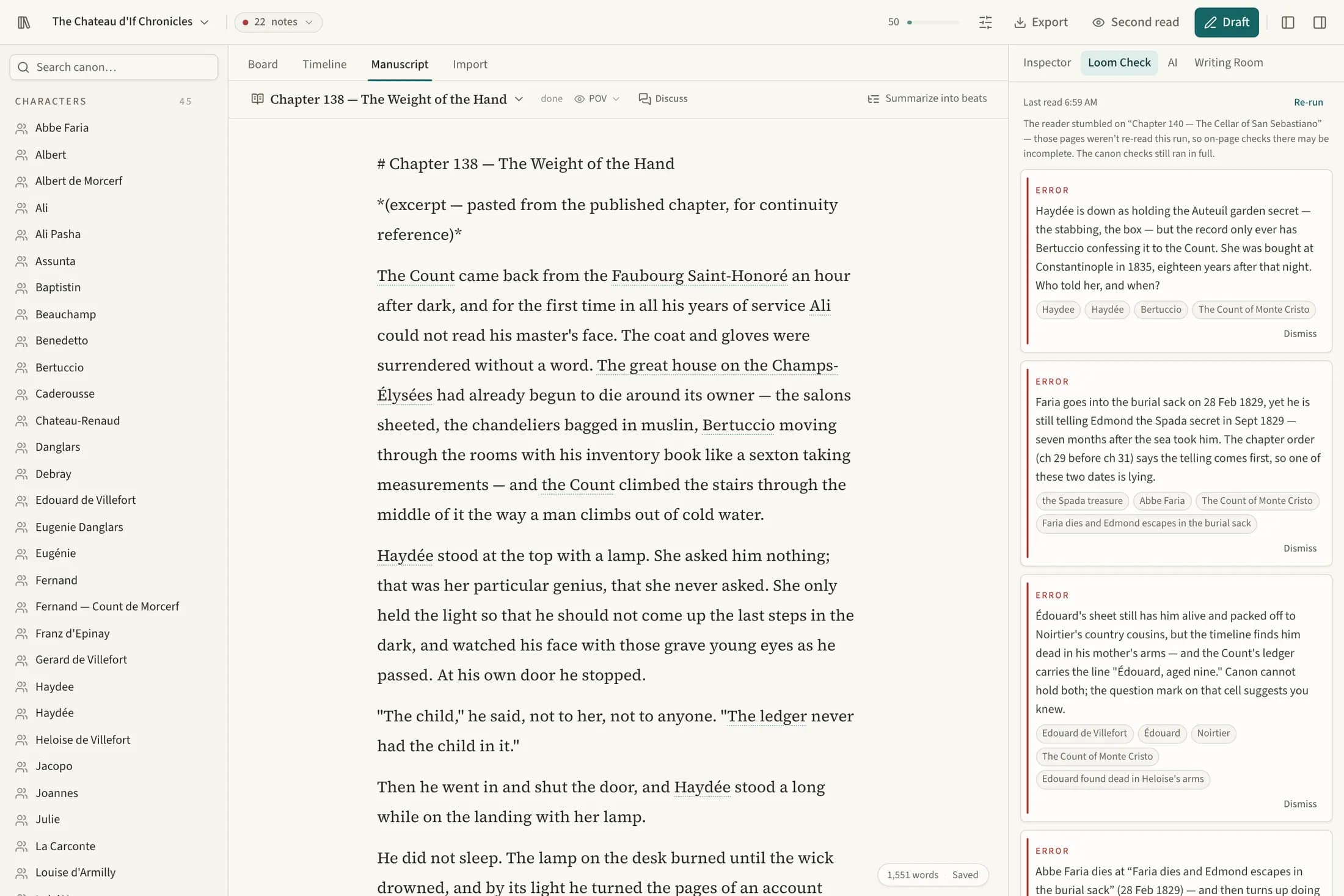 The PlotLoom workspace: a warm paper manuscript page of Chapter 138 in serif type, the canon rail of 45 characters on the left, and the Loom Check panel on the right flagging real continuity errors — Haydée holding a secret no scene gave her, Faria's burial-sack date contradicting the Spada telling, Édouard alive on his sheet but dead on the timeline.